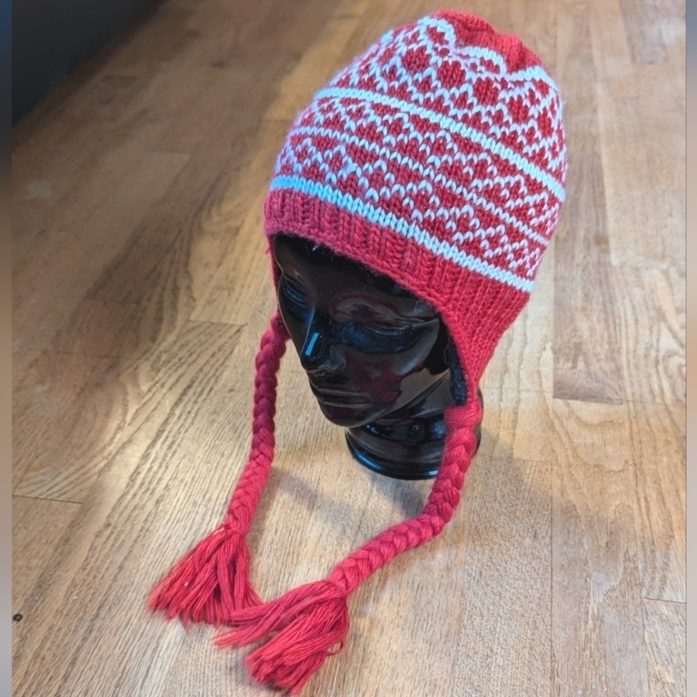 Cozy Red & White Knit Winter Hat with Tassels 🎄  ❄️